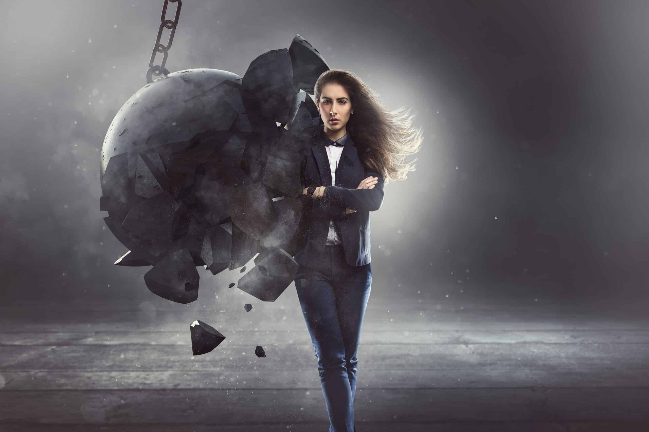 Steadfast,Businesswoman,Gets,Hit,By,A,Wrecking,Ball