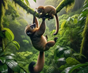 Kinkajou and its young playing in the trees