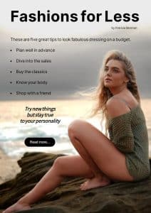 A young woman sitting on a rocky beach wearing a casual green sweater, featured next to fashion tips for dressing stylishly on a budget.