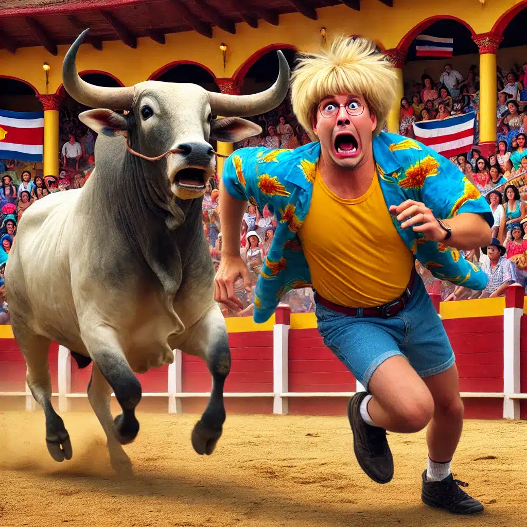 DALL·E 2024-07-20 15.24.04 – Create another humorous image of Bob in a Costa Rican fiesta arena being chased by a Brahma bull. Bob, the adventurous blond tourist wearing a bright