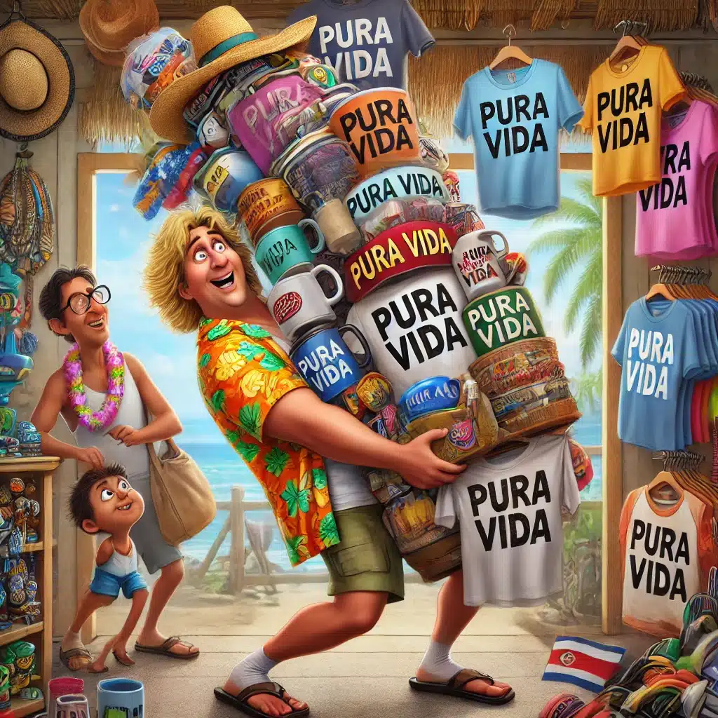 DALL·E 2024-07-16 19.06.33 – Create another humorous image of Bob shopping in Tamarindo, Costa Rica, and loading up on souvenirs that say Pura Vida. Bob, the adventurous blond tou