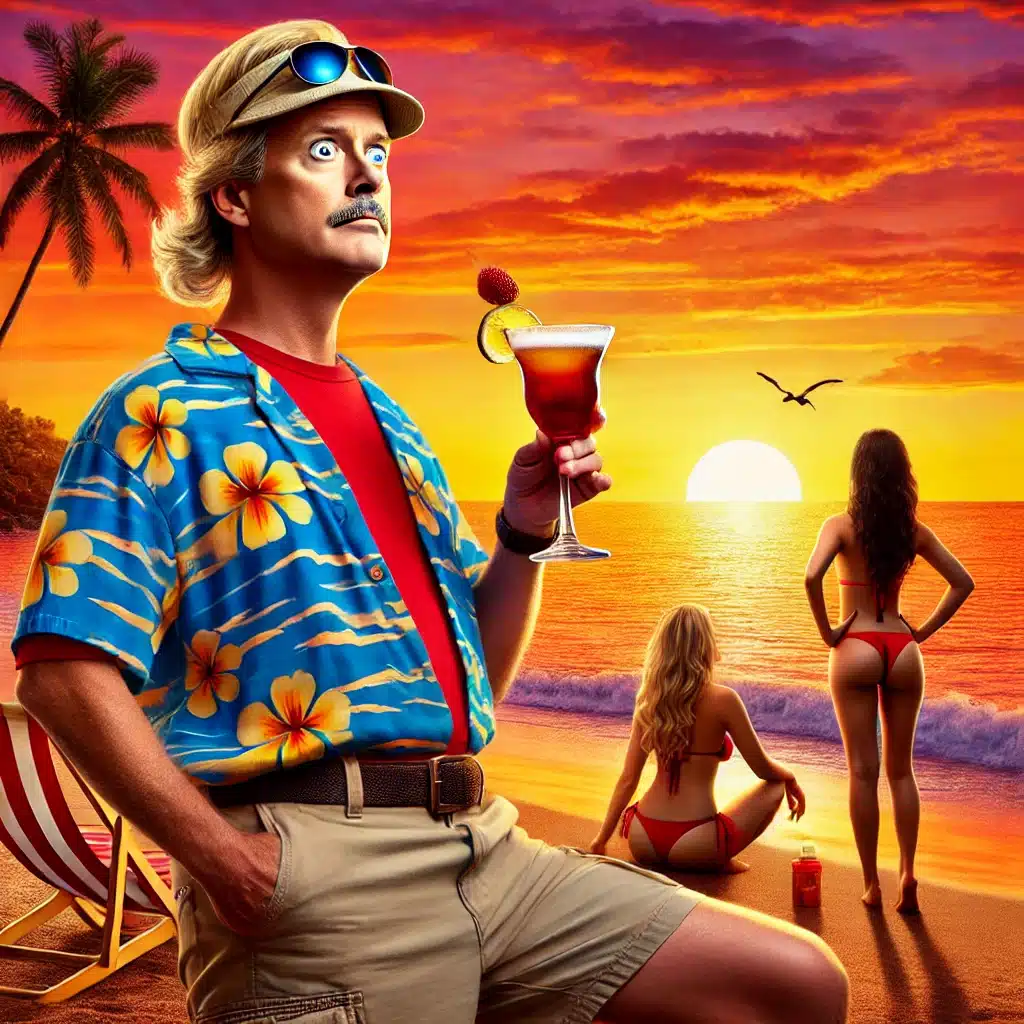 DALL·E 2024-07-16 18.57.19 – Créez une image humoristique de Bob à la plage au coucher du soleil, un cocktail à la main et contemplant l'océan. Bob, le touriste blond et aventureux