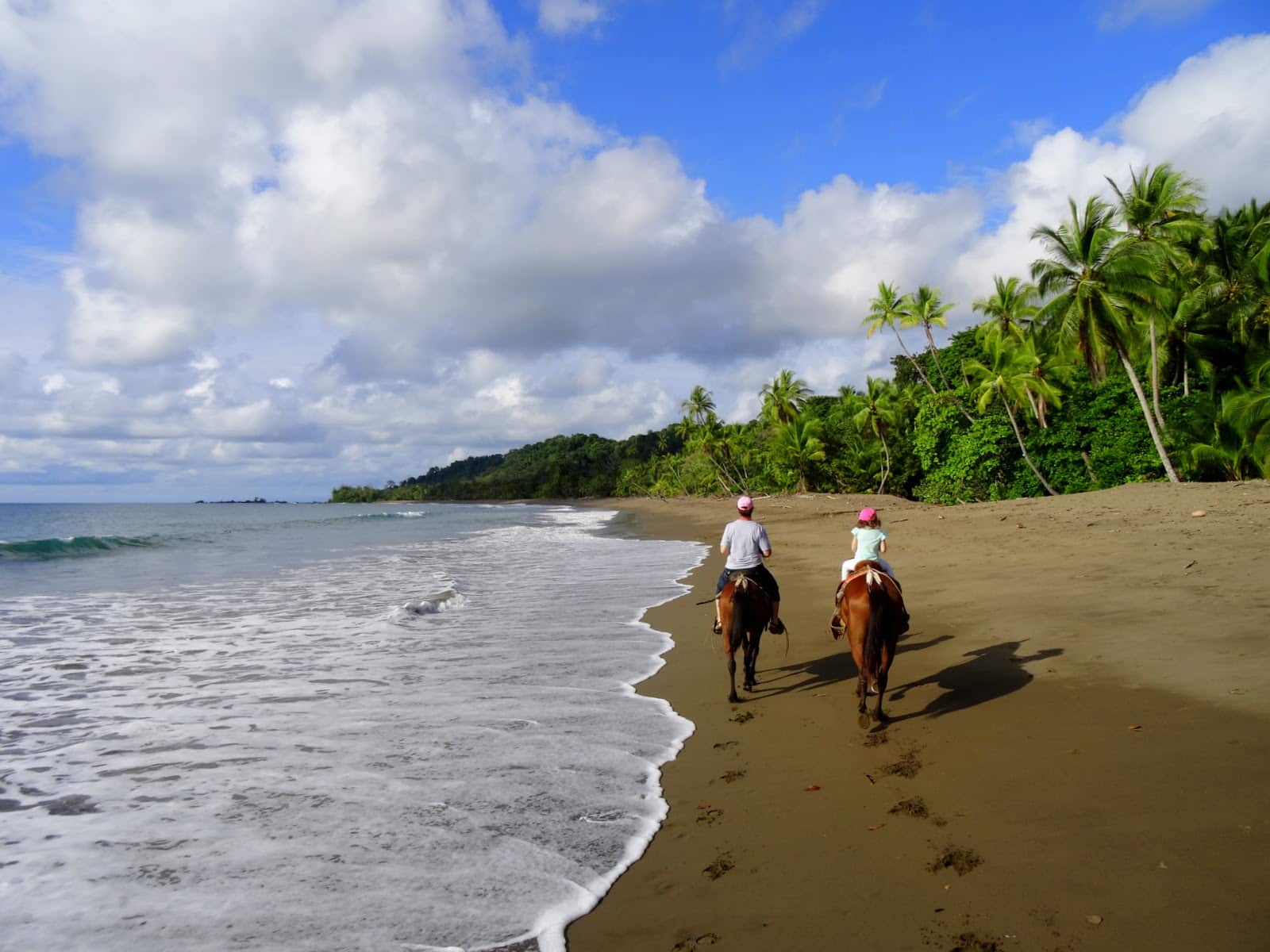 Two horseback riders travel along a tropical beach in Costa Rica, with lush palm trees and gentle waves under a bright blue sky.